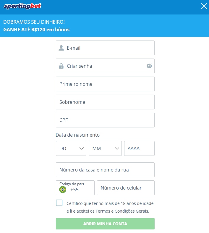Processo de cadastro Sportingbet