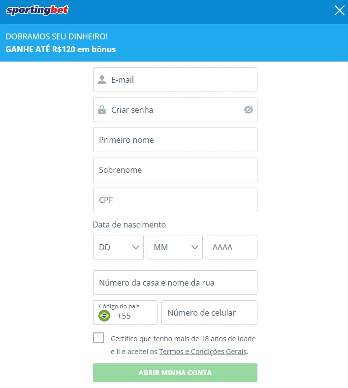 Processo de cadastro Sportingbet