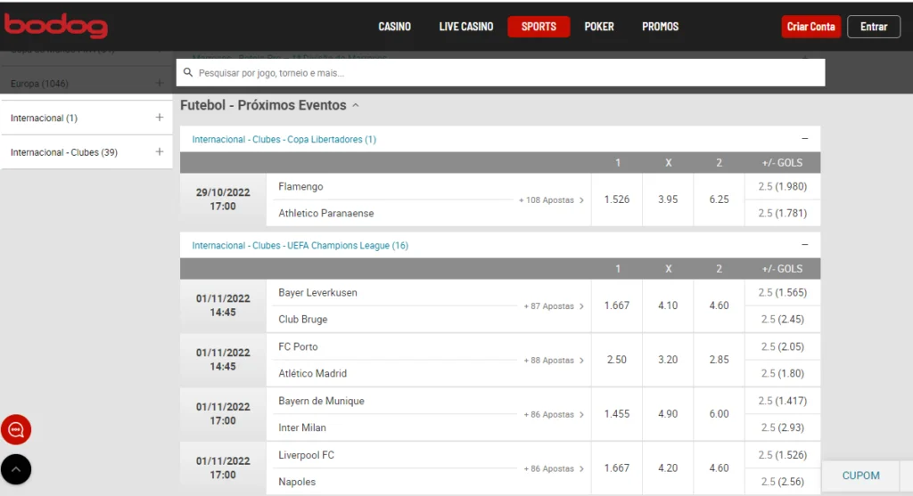 Seção de futebol na Bodog
