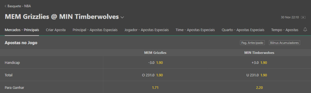 Exemplo de Moneyline na bet365